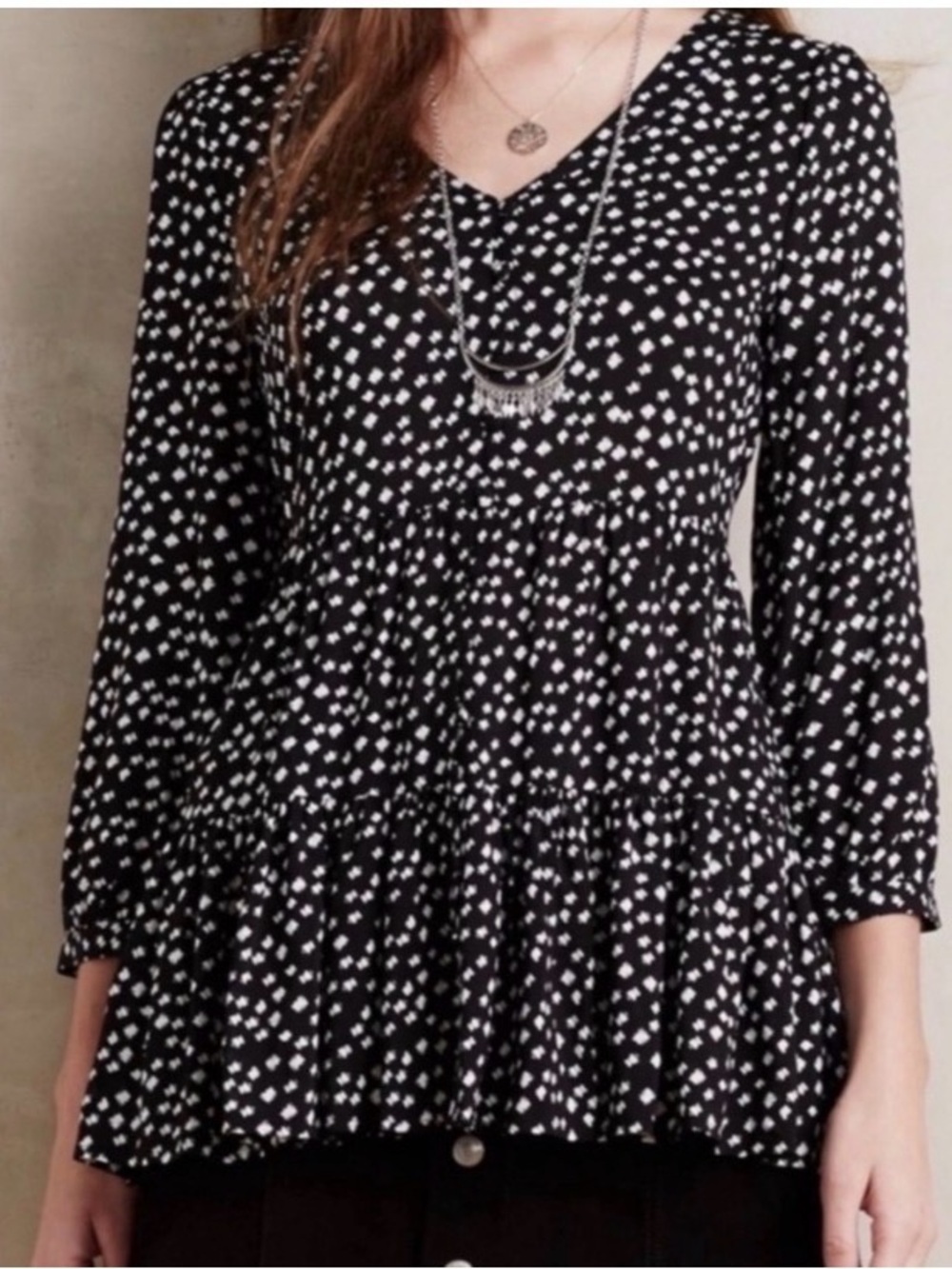 Anthropologie Maeve Lila Tiered Tunic Blouse Black White Spotted Size L